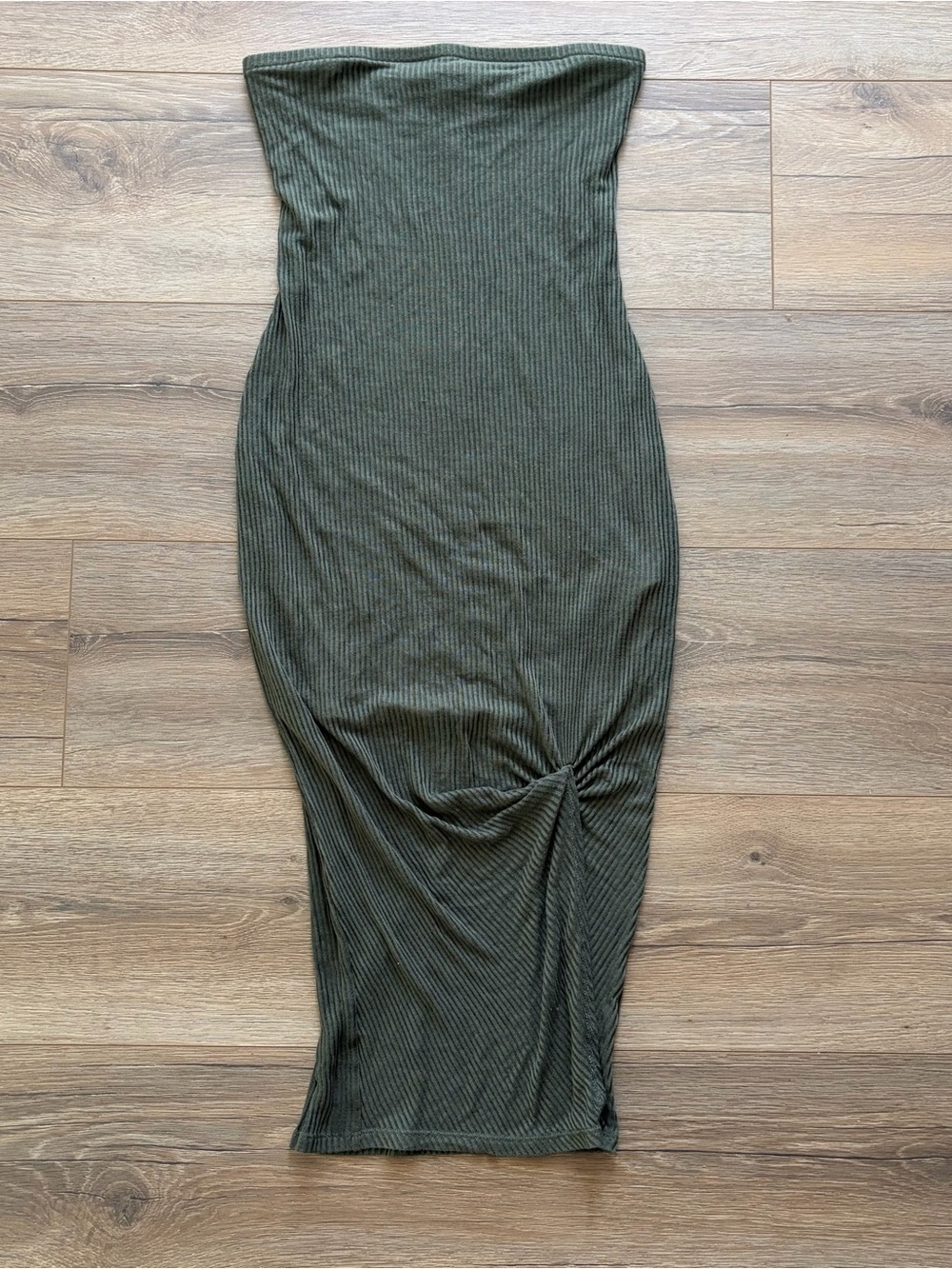 Express Strapless Ribbed Midi Dress in Olive